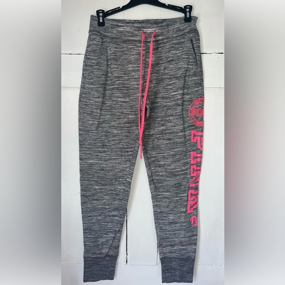 LIKE NEW PINK VS soft Gray Space Dye joggers; Embroidered & Graphic Logo; Small